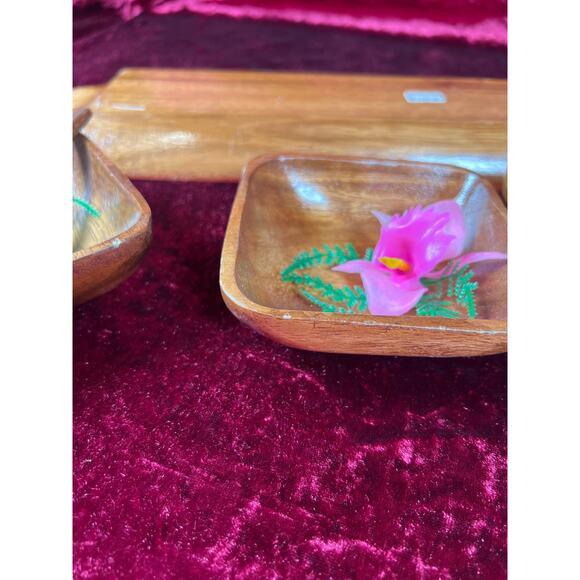 Vintage Kitchen Bar Decor - Tiki Teakwood Snack Tray with Sauce Bowls and Spoons - Picture 5 of 6